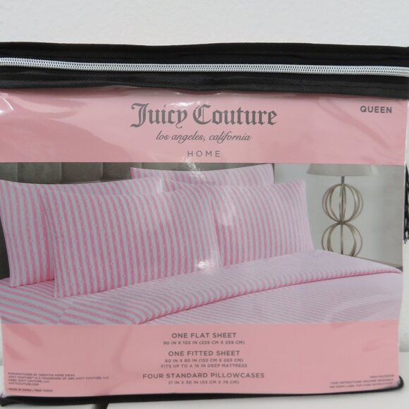 Juicy Couture JC Logo Pink & White Hearts Striped queen 6pc Sheet Set - Picture 2 of 6